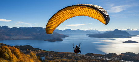 thrilling paragliding adventure over the stunning alpine landscape and lakes on a sunny summer dayの素材