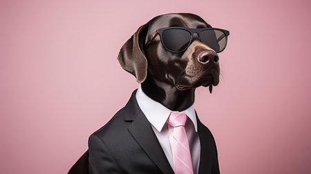 dapper dog in sunglasses and suit, isolated on pink background with copy space on the leftの素材