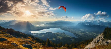 Experience the exhilaration of paragliding in the stunning alps on a picturesque summer dayの素材