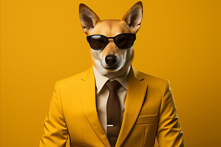 Fashionable dog in sunglasses and suit, isolated on yellow background with copy space on left sideの素材