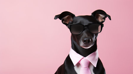 Trendy dog in sunglasses and suit with tie on pink background, left copy space for text placementの素材