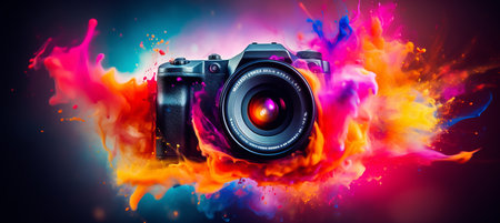 Blurred bokeh effect with glowing tech symbols and futuristic visuals in bright colorsの素材