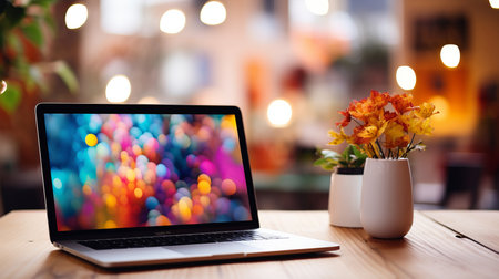 Sleek modern laptop resting on desk with vibrant bokeh background and abstract shapes and colorsの素材