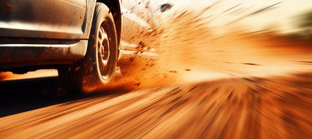 Stunning blurred bokeh effect of dust particles behind a car driving on a scenic dirt roadの素材