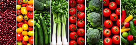 Brightly lit collage of vegetable products divided by white vertical lines in minimum 7 segmentsの素材