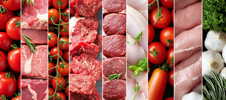 Steak products collage with white vertical lines and bright light shining on 7  segmentsの素材