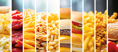 Colorful fast food collage with white lines, divided into 7 segments, bright white lightingの素材