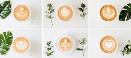 Vibrant collage featuring diverse coffee shop products, divided by clean white vertical linesの素材