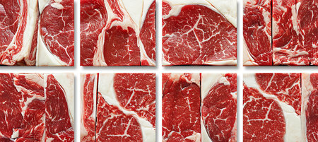 assorted steak products divided by white vertical lines in bright white light collageの素材