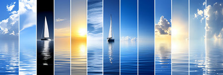 Captivating sea travel collage with white vertical lines and mesmerizing bright light segmentsの素材