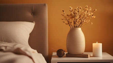 Cozy scandinavian bedroom with nightstand, floral decor, and warm home interior designの素材