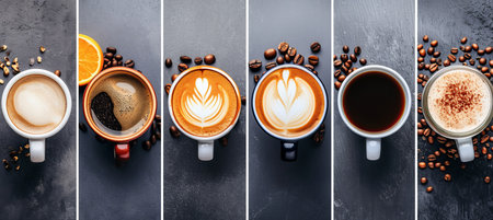 Vibrant collage of coffee shop products with bright white segments and elegant vertical dividersの素材