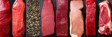 Assorted steak products collage, divided by white lines, bathed in bright white lightの素材