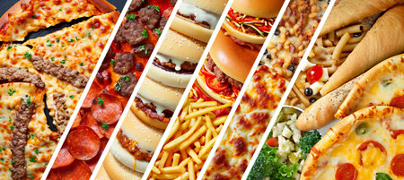 Colorful fast food collage, divided by white vertical lines, brightly lit in 7 segmentsの素材