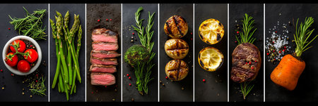 Mouthwatering steak products in captivating collage, divided by white lines, brightly illuminatedの素材