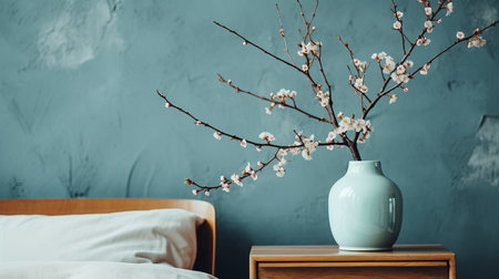 Cozy scandinavian bedroom with nightstand, lamp, floral decor, and modern home interior designの素材