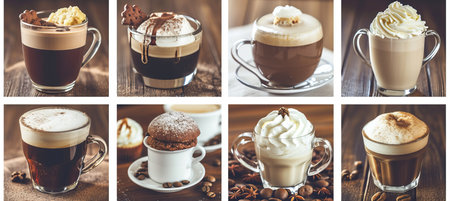 Vibrant and stylish collage of various coffee shop products, divided with white vertical linesの素材