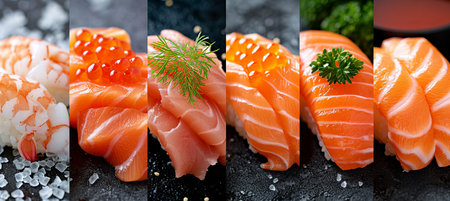 Assorted fish products collage with white dividing lines   brightly lit white backgroundの素材