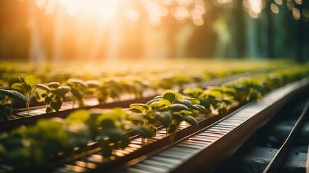 vibrant rows of fresh strawberries in organic greenhouses at golden hour   agricultural conceptの素材