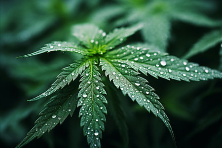 Vibrant and surreal  ultra hd 3d marijuana effect with dew drops on leaves in morning fogの素材