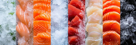 Collage of fish products divided with white vertical lines   bright white light   minimum 7 segmentsの素材