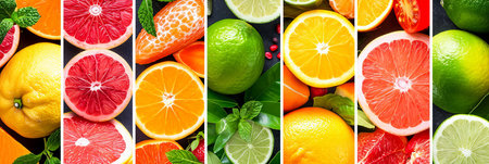 Vibrant citrus fruit product collage with clean white divisions, showcasing a delightful assortmentの素材