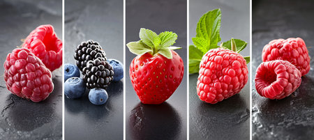 Berries products collage with white vertical lines   brightly lit and divided into 7 segmentsの素材
