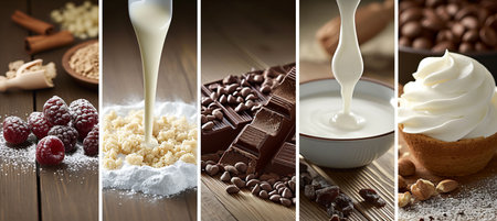 Assorted dessert products collage with white lines   bright and delicious treats in 7 segmentsの素材