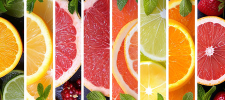 Collage of citrus fruit products divided with white vertical lines   bright and vividの素材
