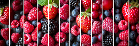 Berries products collage with white vertical lines   bright white light, minimum 7 segmentsの素材