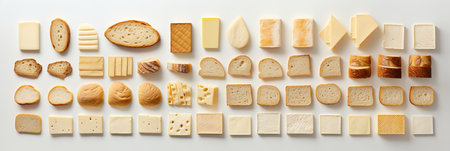 Captivating collage of 7 segmented food products, beautifully arranged with white vertical linesの素材