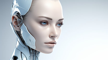 High resolution close up of a photorealistic female humanoid robot cleaning a modern houseの素材