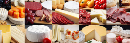 Bright collage of food products with white vertical lines   divided into 7 colorful segmentsの素材