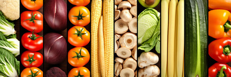 assorted food products collage with white vertical lines   bright and vibrant culinary arrangementの素材