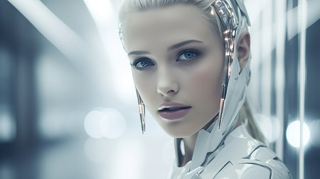 Photorealistic high resolution close up of female humanoid robot cleaning modern houseの素材