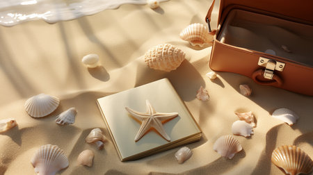 Beach vacation essentials flat lay with bikini, sunglasses, passport, and ticket on sandy backgroundの素材