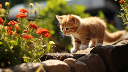 Playful and curious kitten joyfully exploring the enchanting beauty of nature s wondersの素材