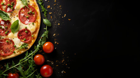 Gourmet pizza on black stone, top view, delicious toppings, empty space for text on left sideの素材