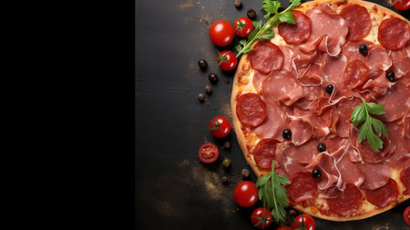 Delicious gourmet pizza on black stone background with top view and mouthwatering ingredientsの素材