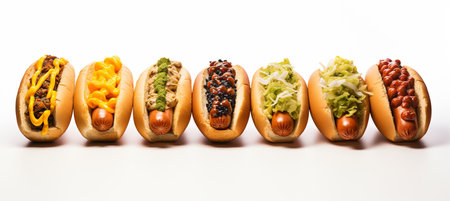 Delicious french hot dogs with various sauces, isolated on white background with space for textの素材