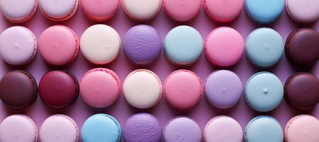 Colorful macaron cake with sweet macaroon pattern, top view flat lay, minimalist food backgroundの素材
