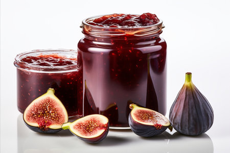 Delicious fig jam isolated on white background with blank copy space for text placementの素材