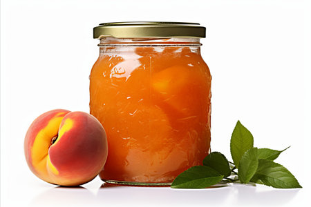 Delicious homemade peach jam in a glass jar, isolated on white background with copy space for textの素材