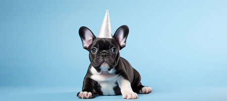 Party dog with hat celebrating on blue background, copy space, happy birthday conceptの素材