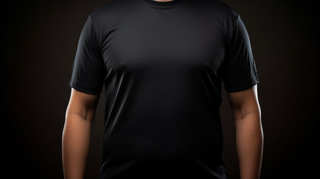 Black t shirt mockup template   man wearing black shirt in studio shot on light gray wallの素材