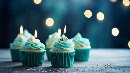 Delicious birthday cupcake with tiny candles on empty table with magical bokeh backgroundの素材