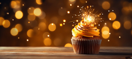 Delicious birthday cupcake with lit candles on light table and vibrant bokeh backgroundの素材