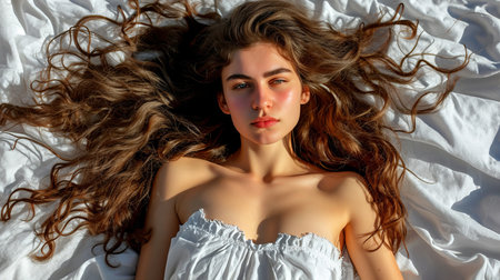 Beautiful woman waking up with radiant smile in brightly lit bedroom, blissful morningの素材