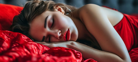 Beautiful woman waking up with a radiant smile in a brightly lit bedroom, happy morningの素材