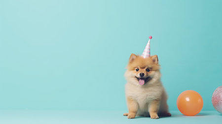 Party dog with hat celebrating on blue background, copy space for happy birthday conceptの素材